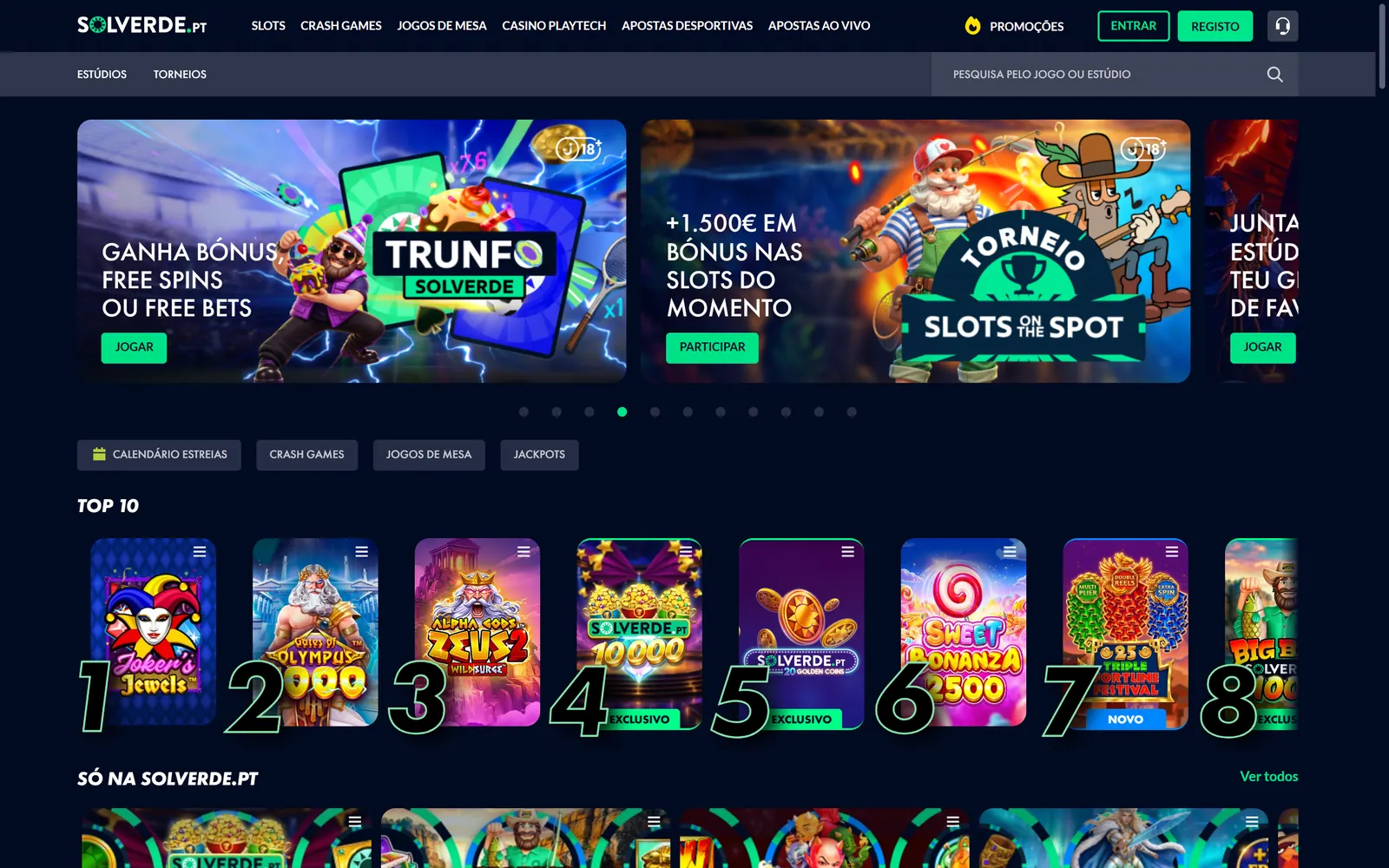 Lobby do Solverde Casino no computador, com promoções e o top 10 de jogos