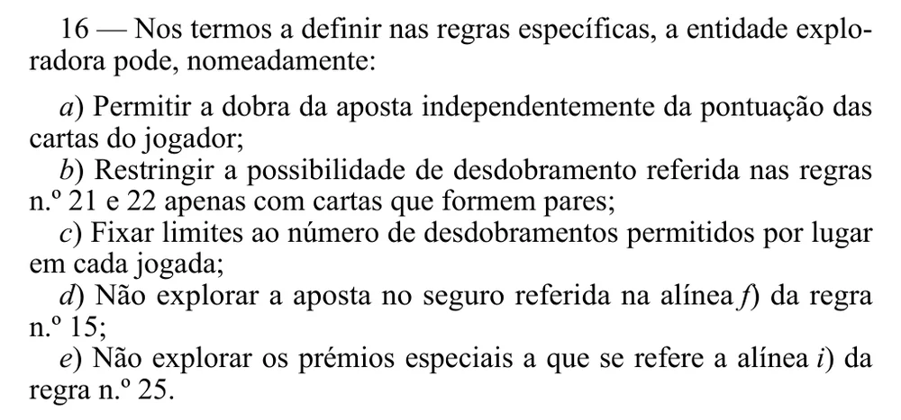 Regra 16 do Regulamento n.º 805/2015: o que cada casino pode mudar no blackjack, como dobrar com quaisquer cartas, limitar divisões e não ter seguro