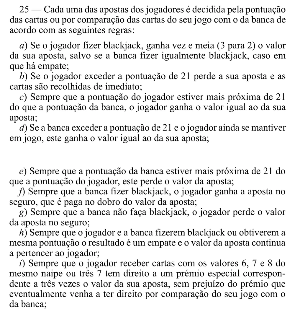 Regra 25 do Regulamento n.º 805/2015 do blackjack: blackjack a 3 para 2, seguro pago a 2 para 1, empates e os prémios especiais de 6-7-8 e três 7