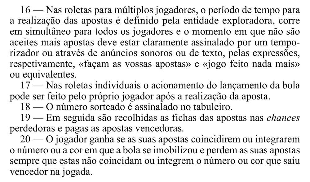 Regras 16 a 20 do Regulamento n.º 807/2015: tempo de apostas, lançamento da bola, número sorteado e pagamento na roleta francesa online