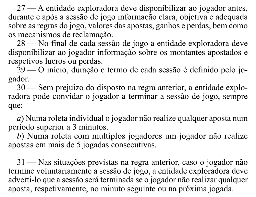 Regras 27 a 31 do Regulamento n.º 807/2015: informação ao jogador, resumo no fim da sessão e fim da sessão por inatividade na roleta francesa online