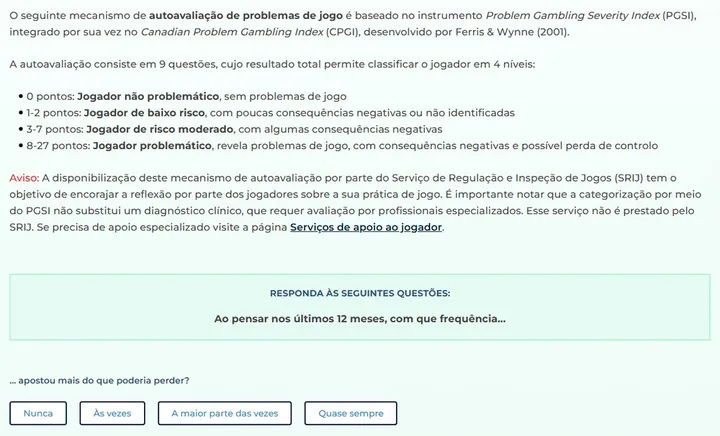 Página de autoavaliação de problemas do jogo no site do SRIJ, com os quatro níveis de risco