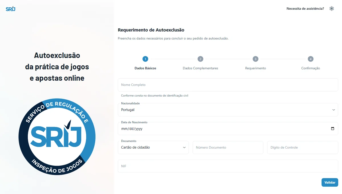 Formulário de autoexclusão do SRIJ no passo Dados Básicos, com os campos nome completo, nacionalidade, data de nascimento, documento, número do documento, dígito de controlo e NIF